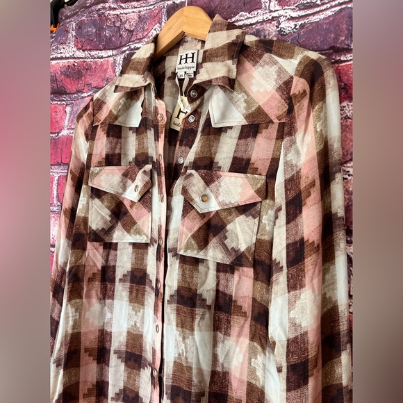 NWT Haute Hippie 100% Silk Plaid Western Snap Blouse - Brown/Cream - Picture 3 of 8